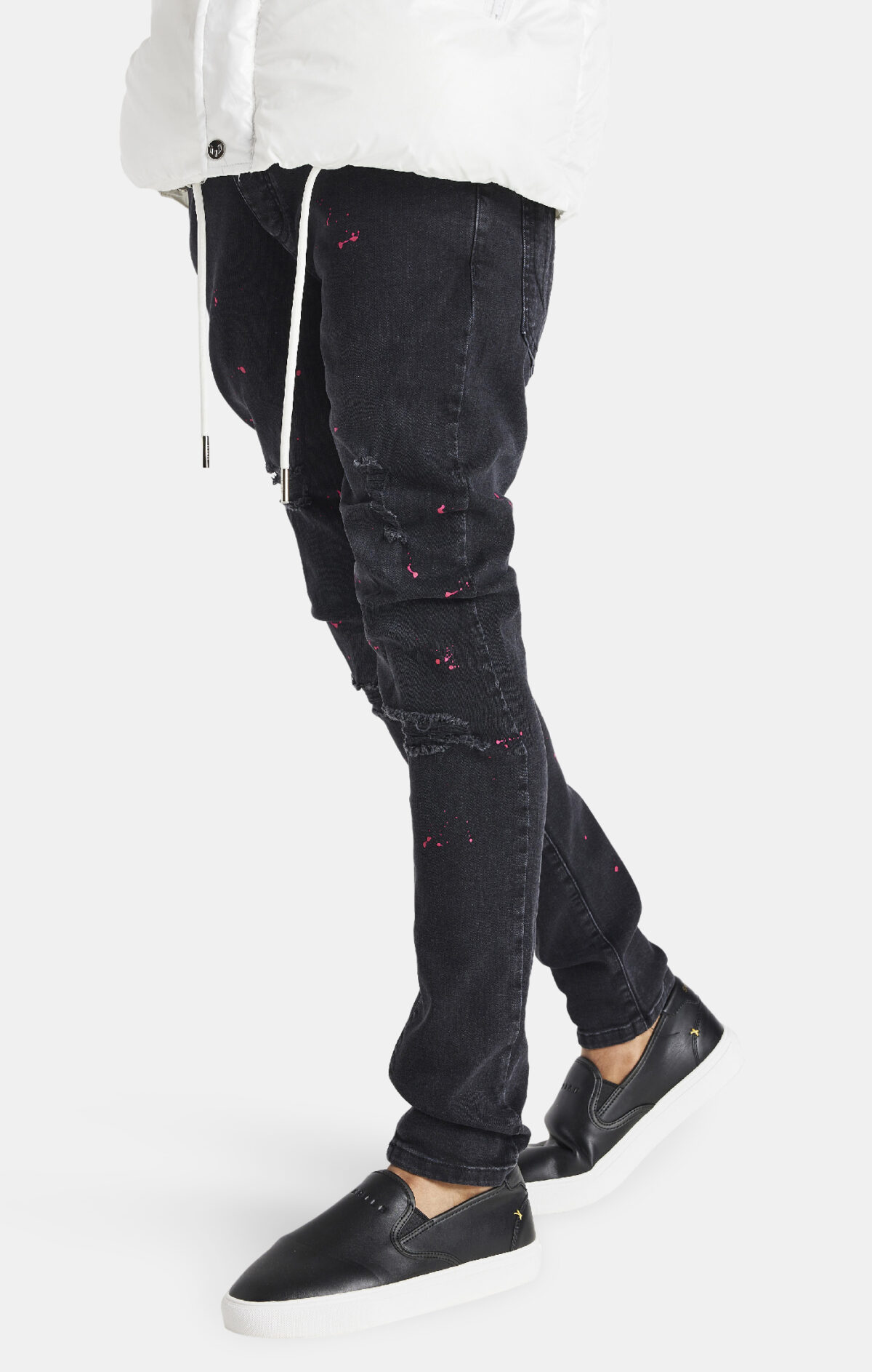 Messi x Sik Silk - Distressed Paint Splatter Slim Fit Denim - Džíny - Černé